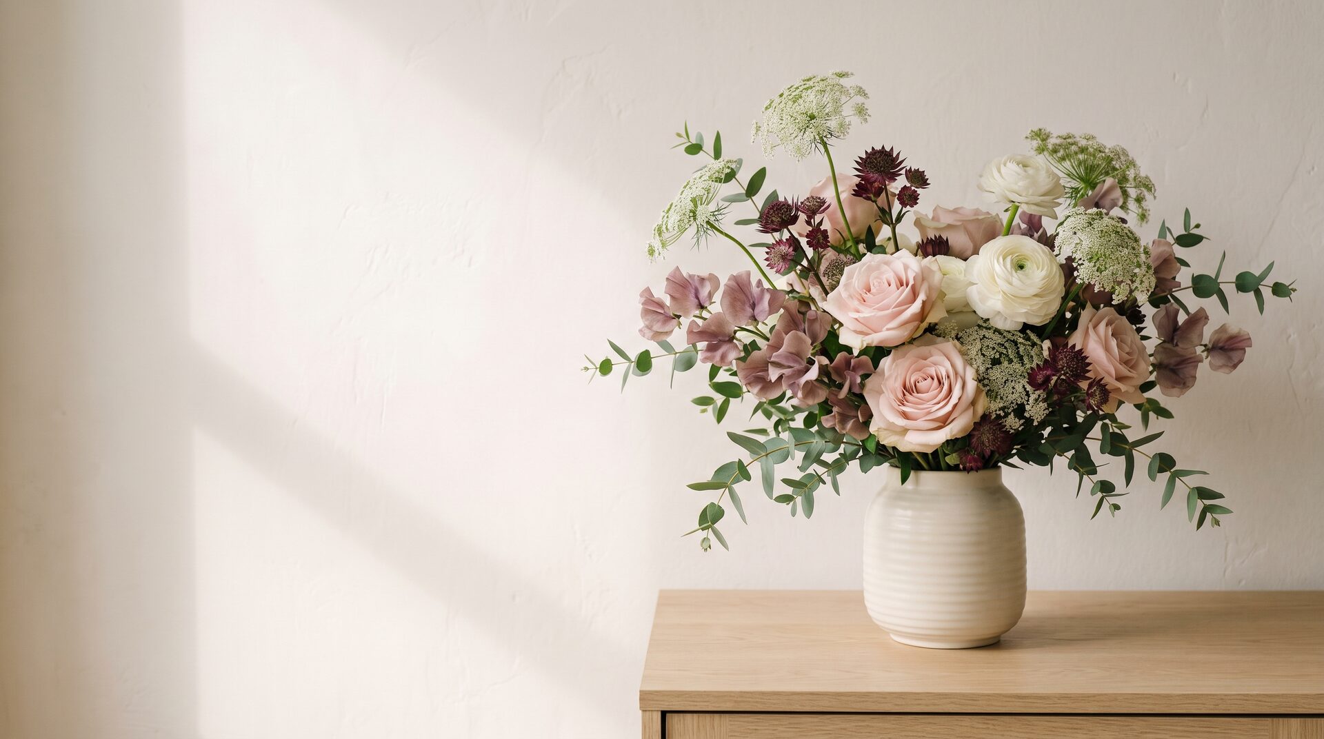 Abonnement fleurs — bouquet de saison dans un vase en céramique, livré chaque mois