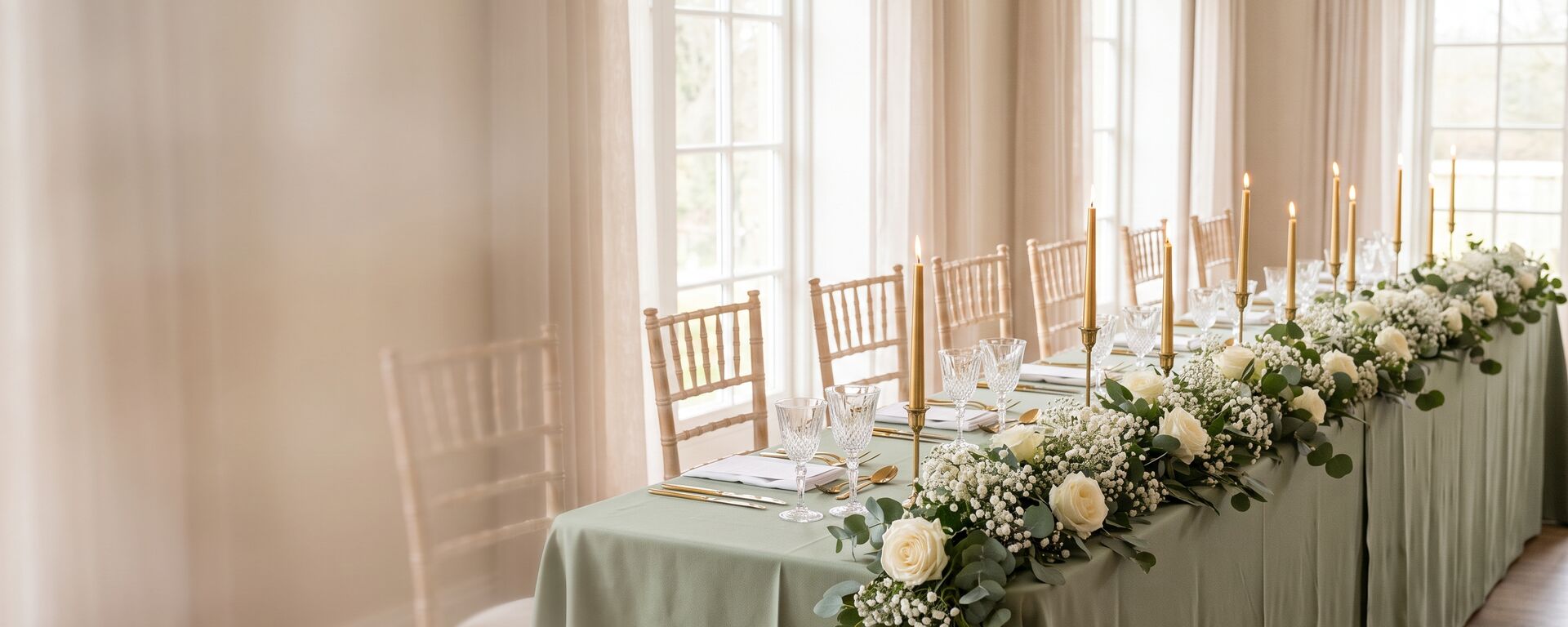 Table de réception de mariage avec nappe vert sauge, chandeliers dorés et guirlande florale de roses blanches et eucalyptus — Flower Shop Paris